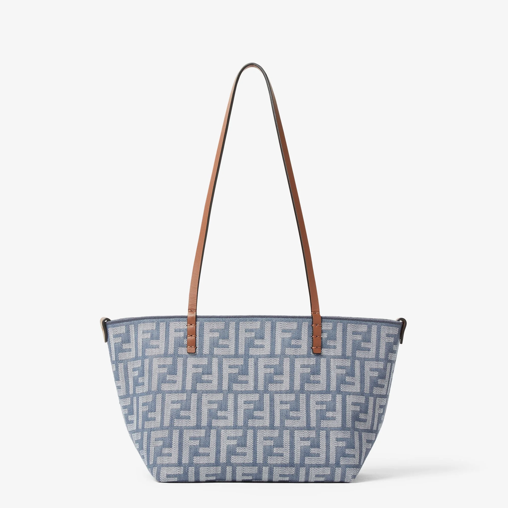 Fendi Small Roll — Blue Denim-Effect FF Jacquard Reversible Shopper