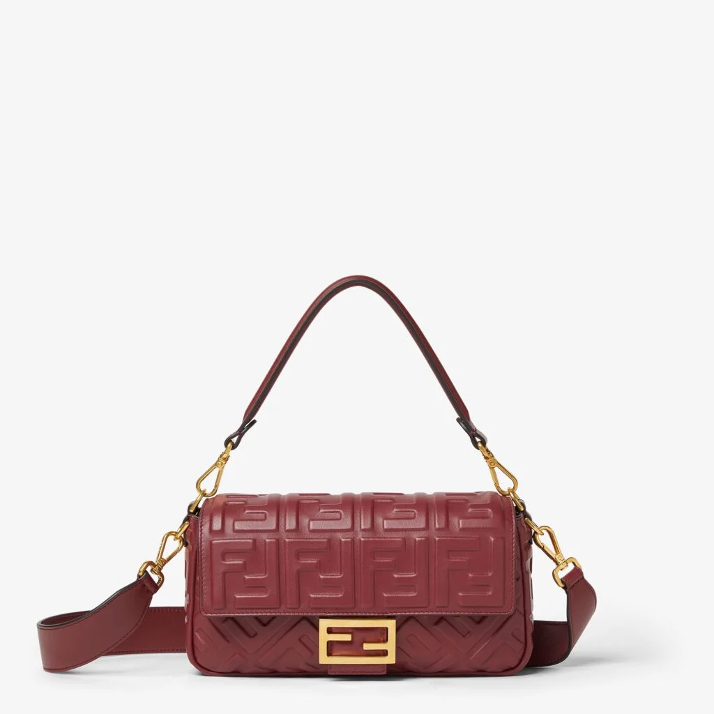 Fendi Baguette — Burgundy Leather with Embossed FF Motif