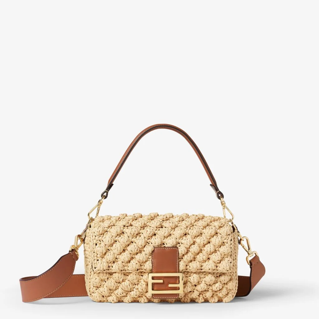 Fendi Baguette — Hazelnut-Stitch Raffia-Effect