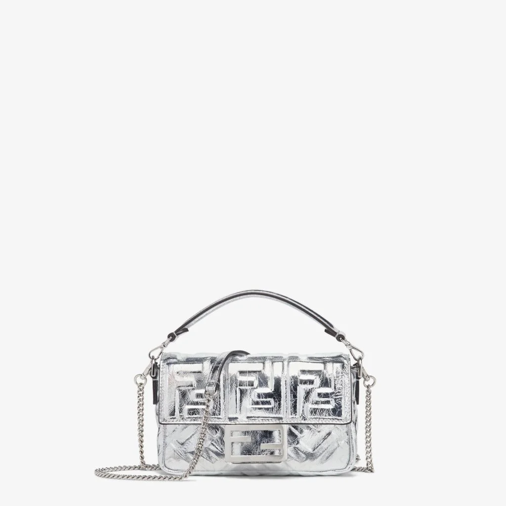 Fendi Baguette Mini — Silver Craquelé Laminated Leather with FF Motif