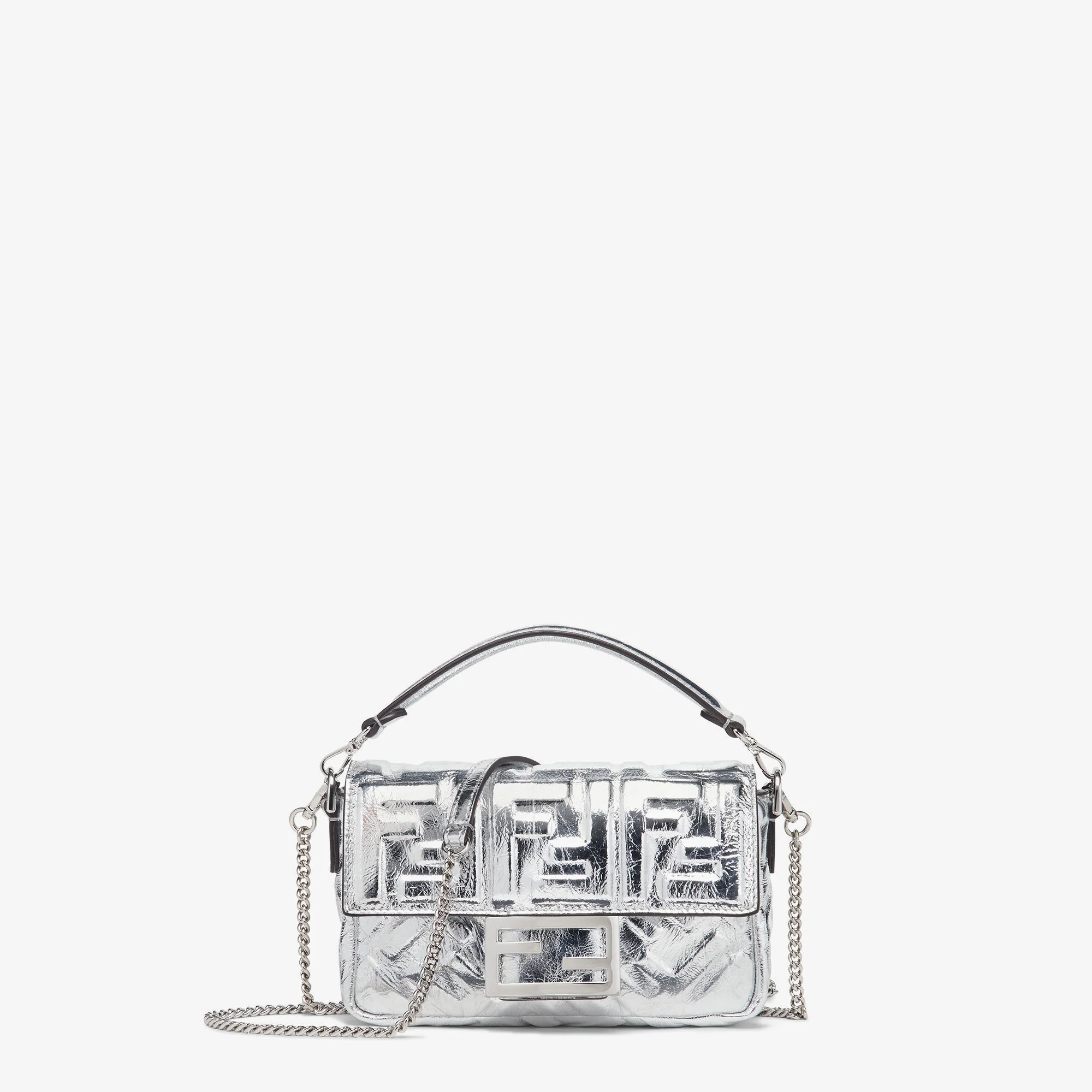Fendi Baguette Mini — Silver Craquelé Laminated Leather with FF Motif
