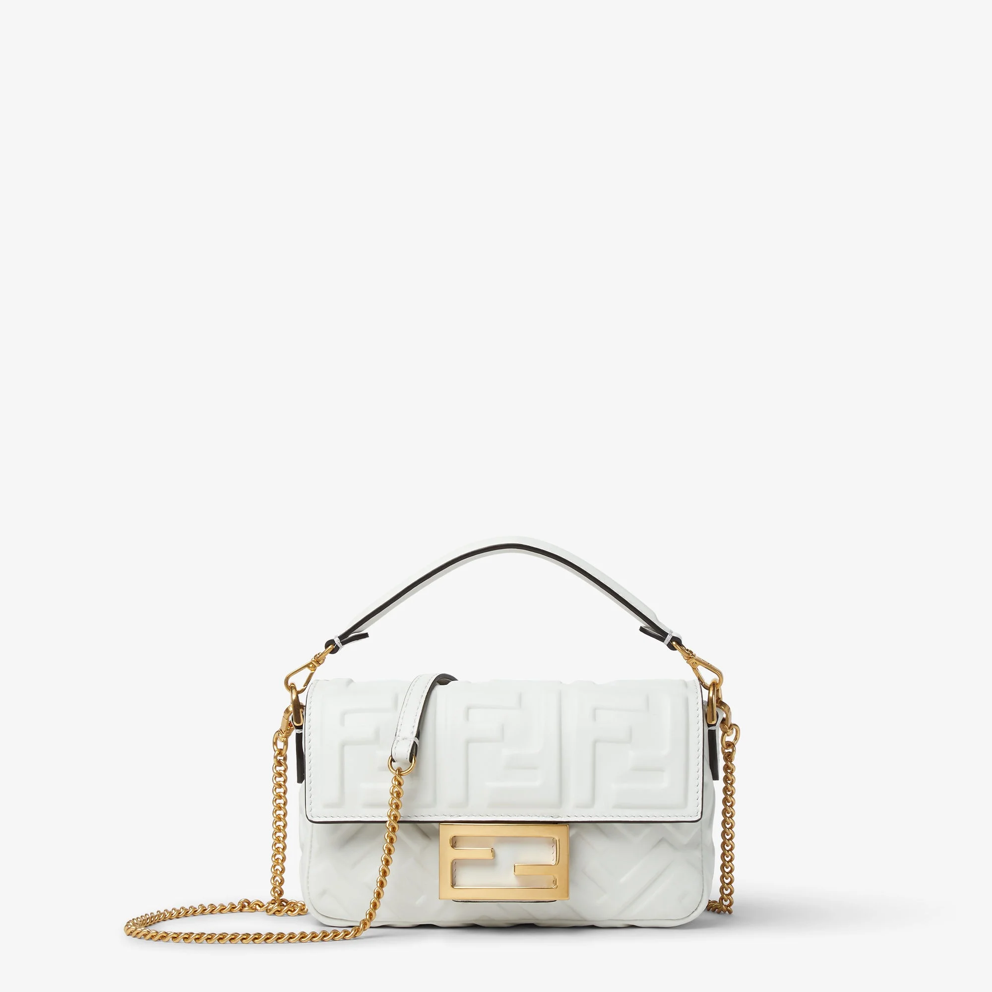 Fendi Baguette Mini — White Leather with Embossed FF Motif