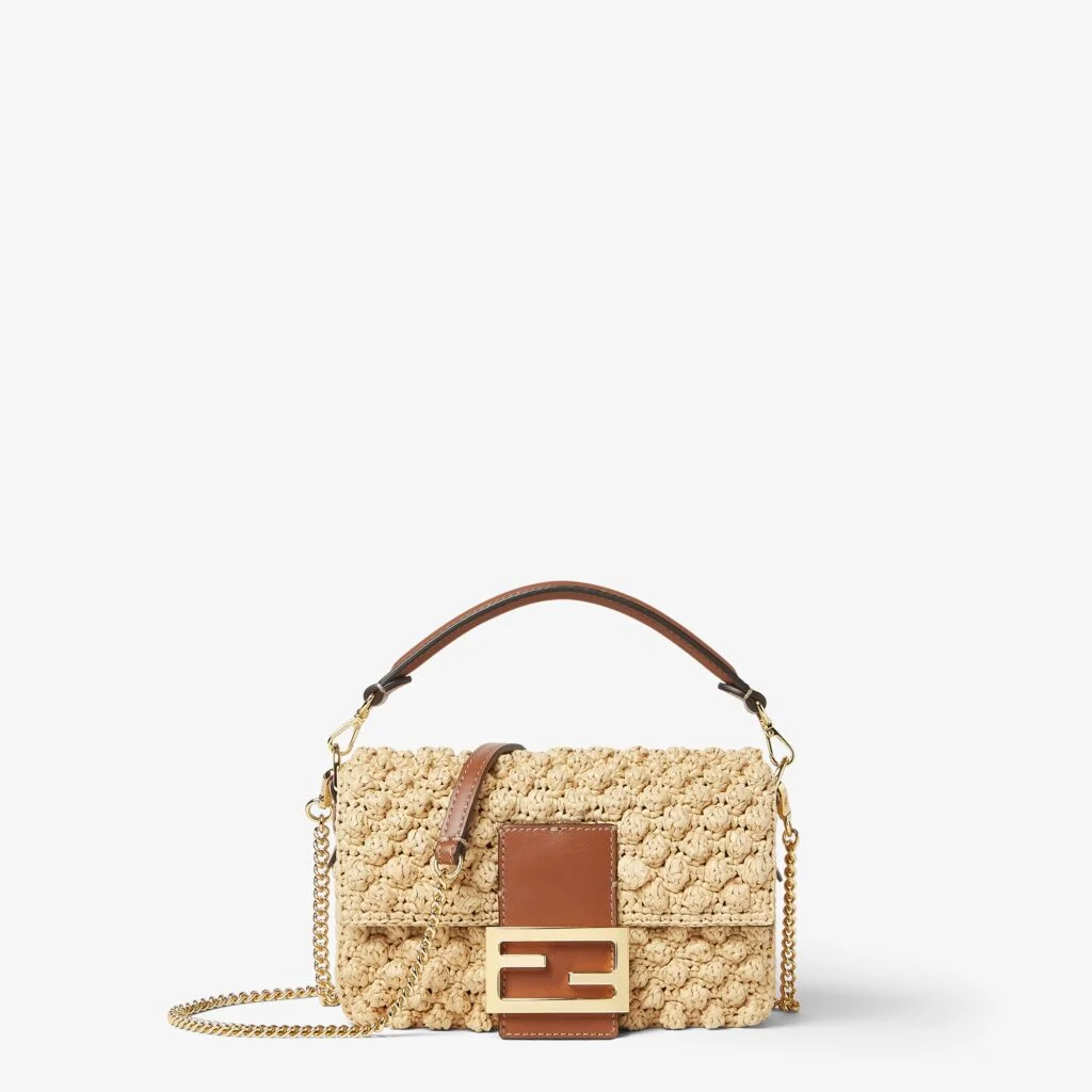 Fendi Baguette Mini — Hazelnut-Stitch Raffia-Effect