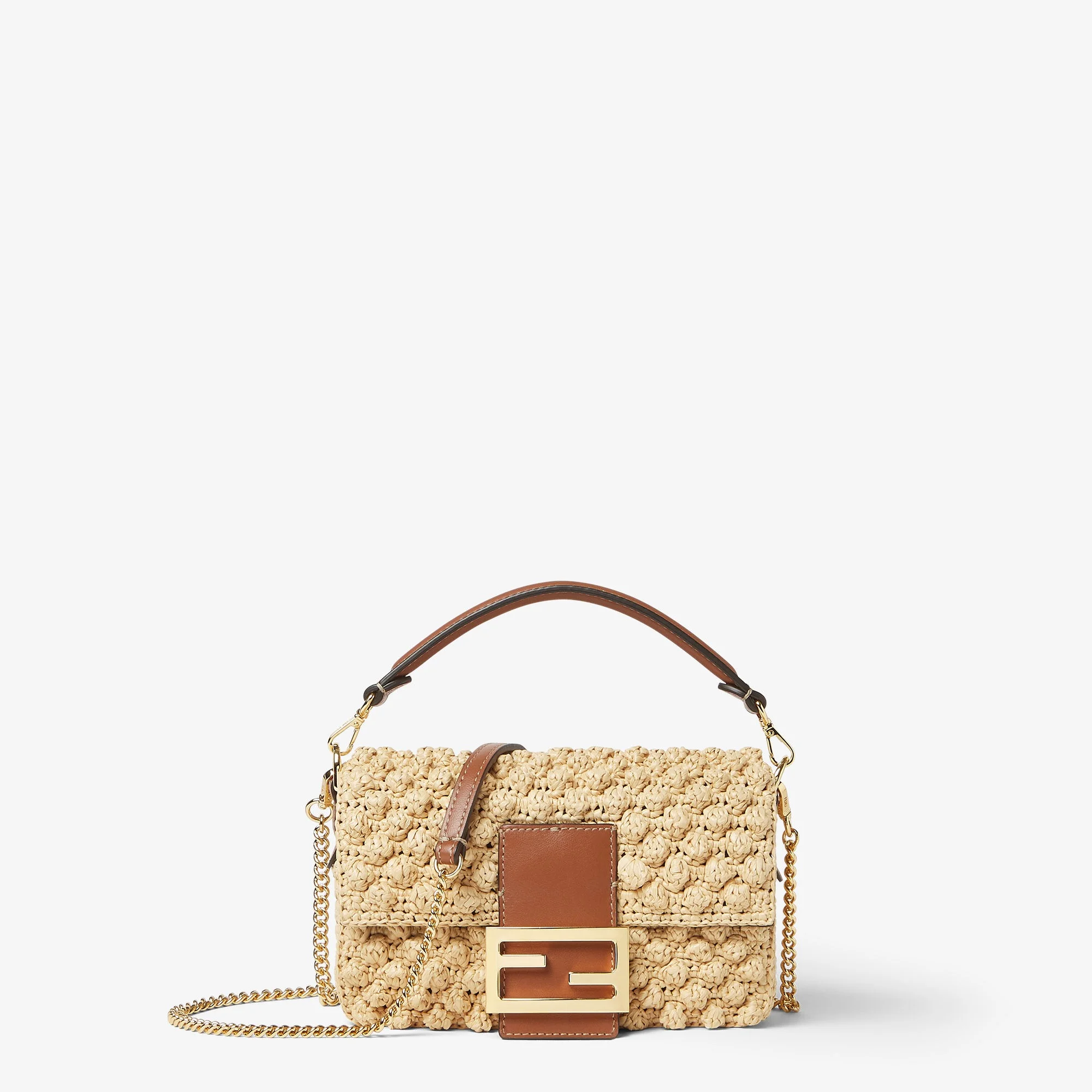 Fendi Baguette Mini — Hazelnut-Stitch Raffia-Effect